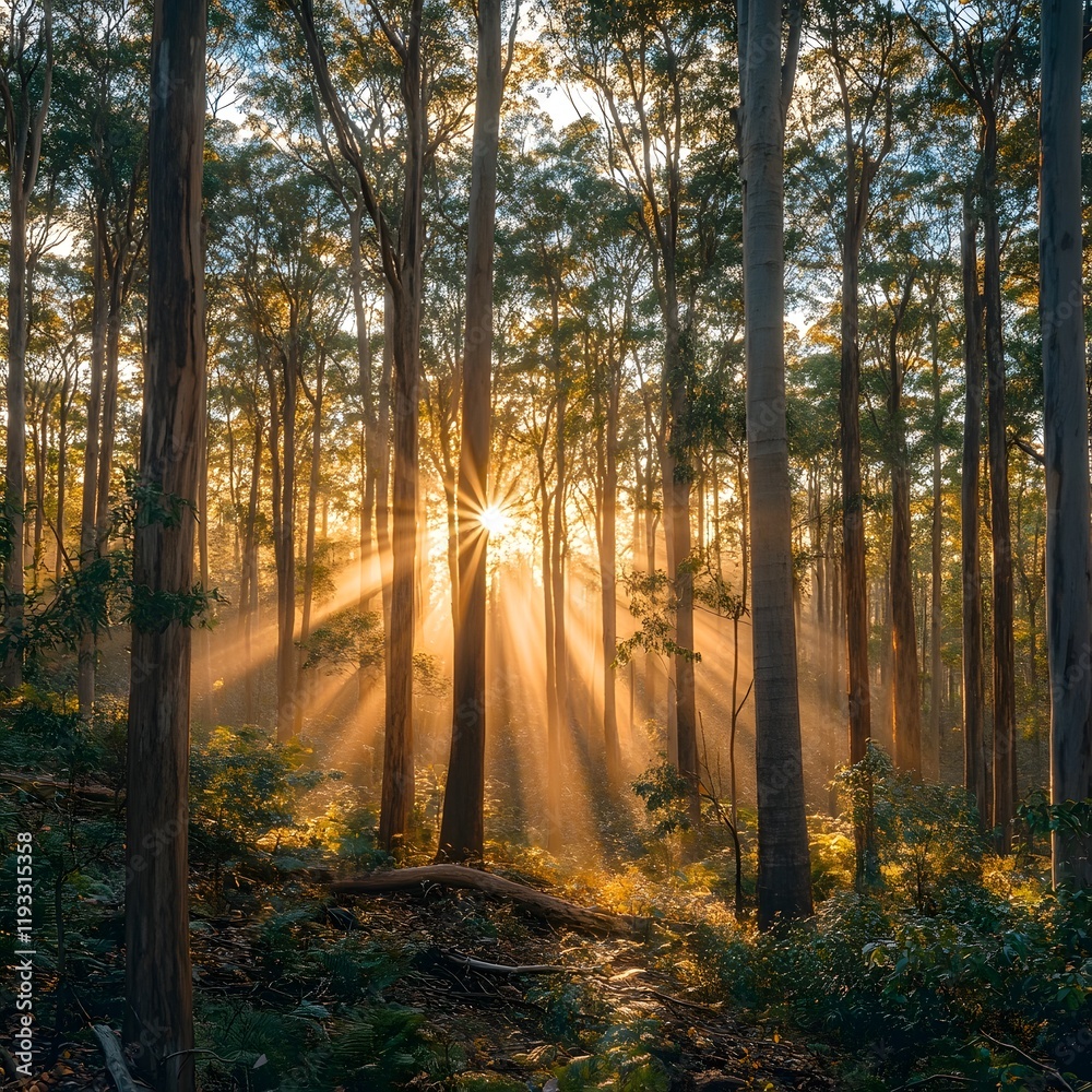 Fototapeta premium Ethereal Sunlight Streaming Through Lush Eucalyptus Forest Canopy