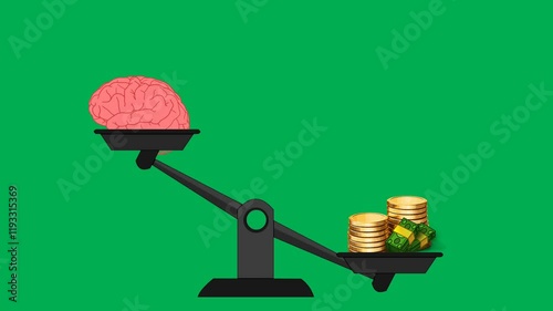 animation Video of weighing brain and money in a scale on green background photo