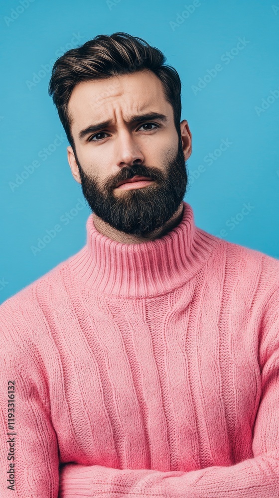 man with pink sweatshirt on blue background with copy space vertically 9:16 man with pink sweatshirt on blue background with copy space vertically 9:16