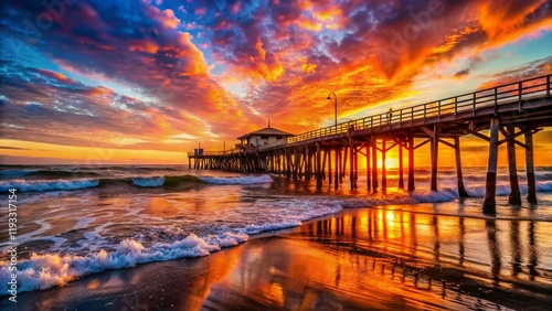 Balboa Pier Sunrise Double Exposure: Ocean Waves & Golden Sky