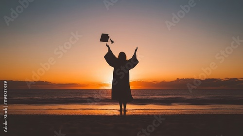 Celebratory Graduate at Sunset on Beach with Graduation Cap Raised