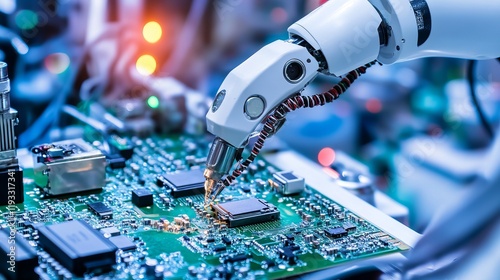 A robot assembling complex electronic circuits in a clean, high-tech electronics lab with intricate circuit boards, clean and detailed environment