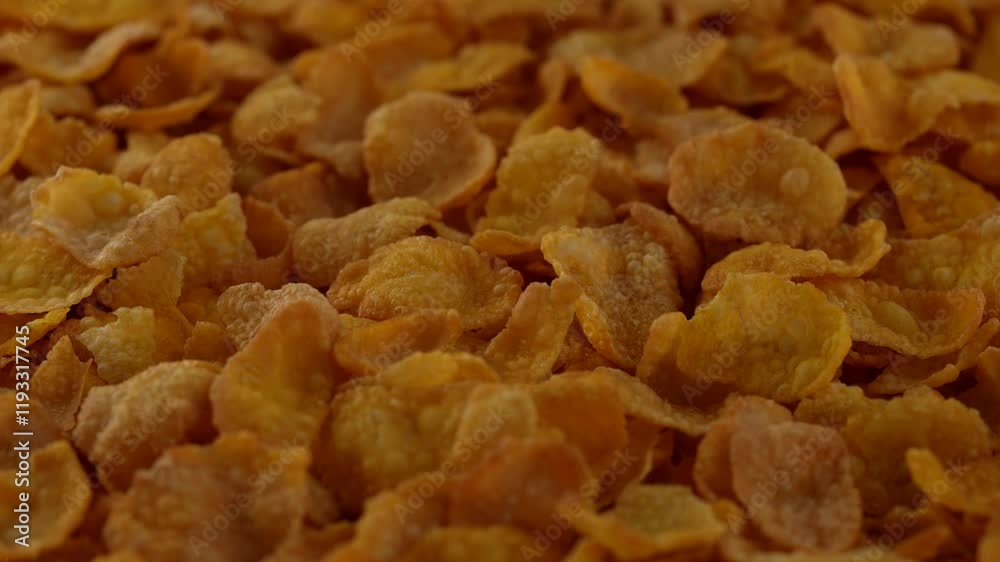 Macro video of corn flakes on rotating disc. Macro video of corn flakes on rotating disc.