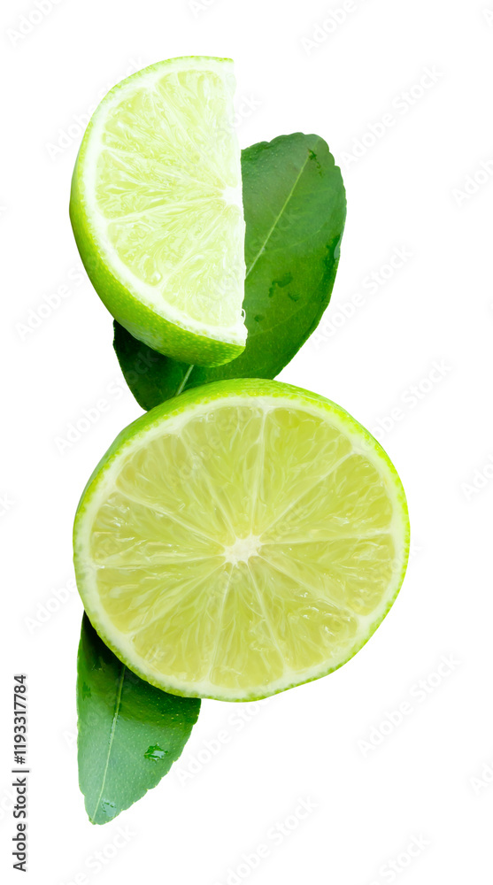 Top view of fresh green lemon fruit in half and quarter or piece with green leaves in stack isolated with clipping path in png file format Top view of fresh green lemon fruit in half and quarter or piece with green leaves in stack isolated with clipping path in png file format