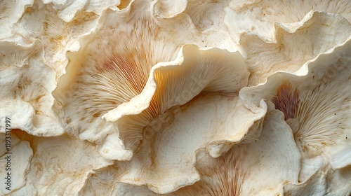 Close-up of protrusile stratus, or organic natural oyster mushrooms, with a background of fungus texture photo