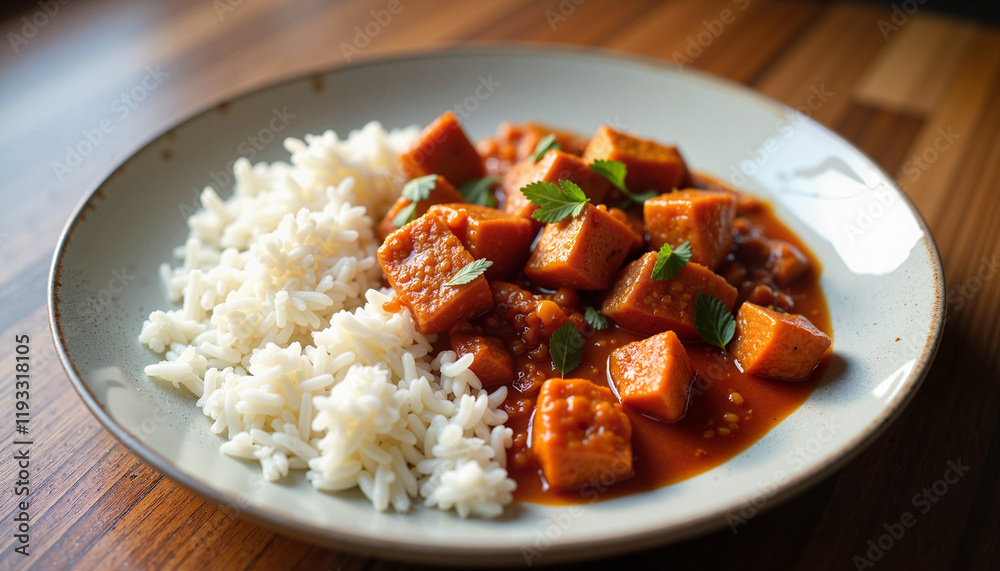 Vindaloo Curry with Spiced Vegetables Served with Steamed White Rice