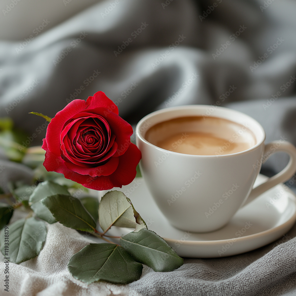 cozy scene with rose and coffee cup on soft surface cozy scene with rose and coffee cup on soft surface