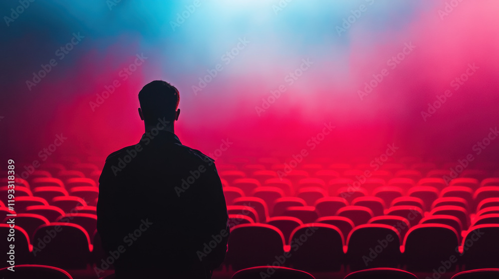 Man in silhouette in an empty theater with red seats and dramatic lighting Man in silhouette in an empty theater with red seats and dramatic lighting