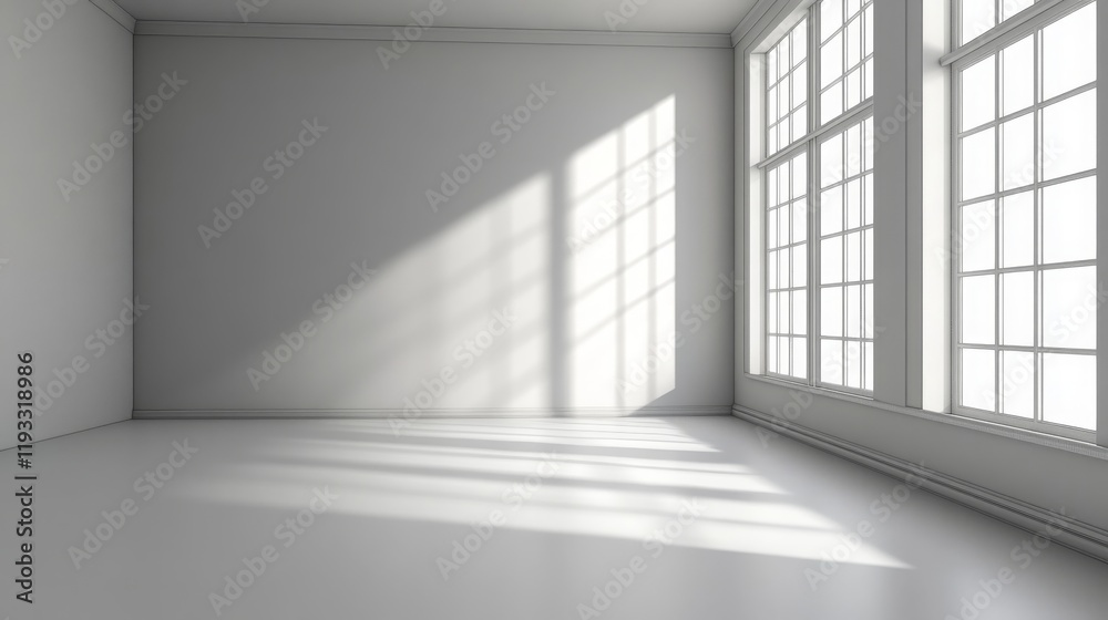3D serene interior with light gray walls and creative empty space