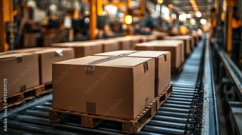 Packages on Conveyor Belt in Distribution Center, Cardboard Boxes Ready for Shipment, Efficient Logistics Operation in Modern Warehouse Packages on Conveyor Belt in Distribution Center, Cardboard Boxes Ready for Shipment, Efficient Logistics Operation in Modern Warehouse