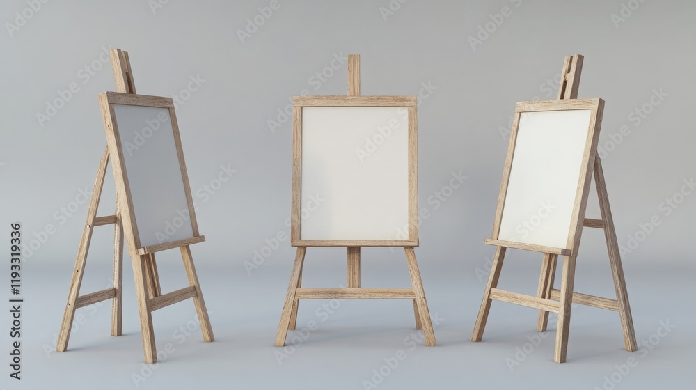 3D wooden easels with blank canvases, front and side views, perfect for art studio or school visuals. 3D wooden easels with blank canvases, front and side views, perfect for art studio or school visuals.
