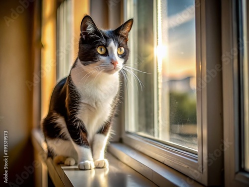 Black and White Cat Gazing Out Window - Stunning Aerial View photo