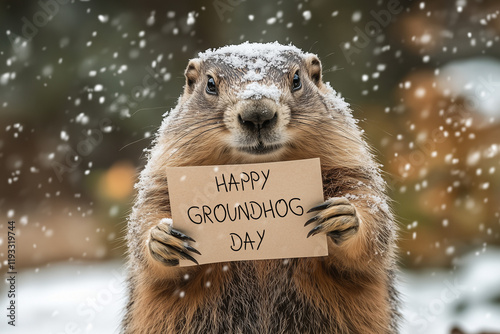 Happy groundhog day greeting card concept. Copy space background.