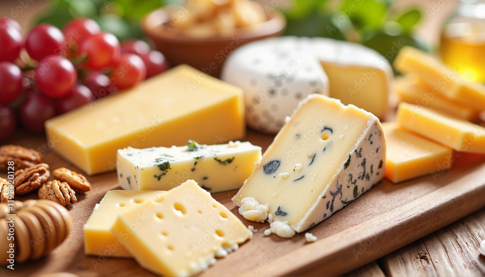 Assorted cheeses on cutting board with grapes and nuts, National Cheese Day