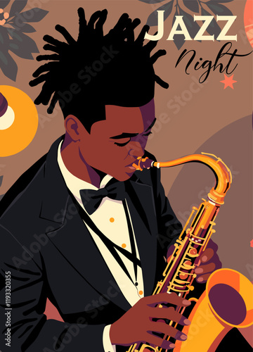 Musical Jazz night poster in retro style with handsome black man on tuxedo playing Saxophone. Vector art illustration