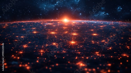 Global network sunrise, Earth's interconnected cities, space backdrop, technology concept