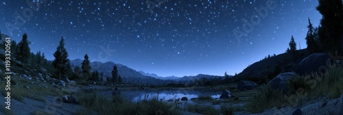 A peaceful clear night sky with thousands of stars twinkling over a calm mountain landscape photo