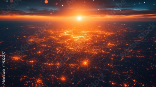 Aerial sunset city lightscape, night starscape background