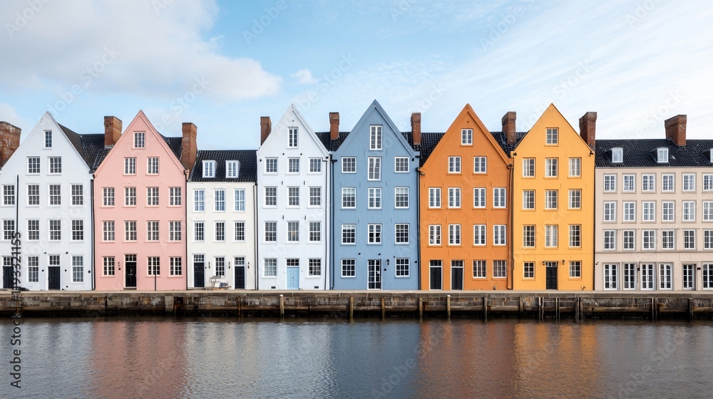 Colorful houses line a waterfront canal. Colorful houses line a waterfront canal.