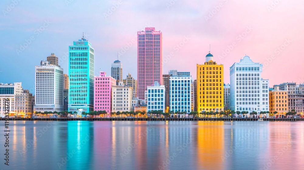 Obraz premium Colorful cityscape skyline reflected in calm water at dawn.