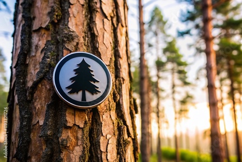 Black Pine Tree Silhouette Badge: Eco-Friendly Woodland Recreation Emblem photo