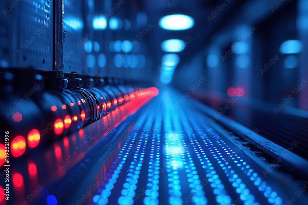 Bright blue and red lights illuminate a server room's equipment during nighttime operations Bright blue and red lights illuminate a server room's equipment during nighttime operations