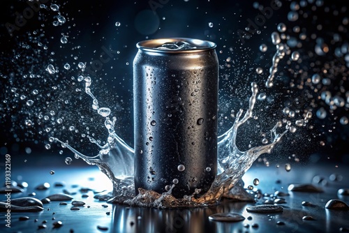 Black Soda Can Splash Mockup: Panoramic Depth of Field Photography photo