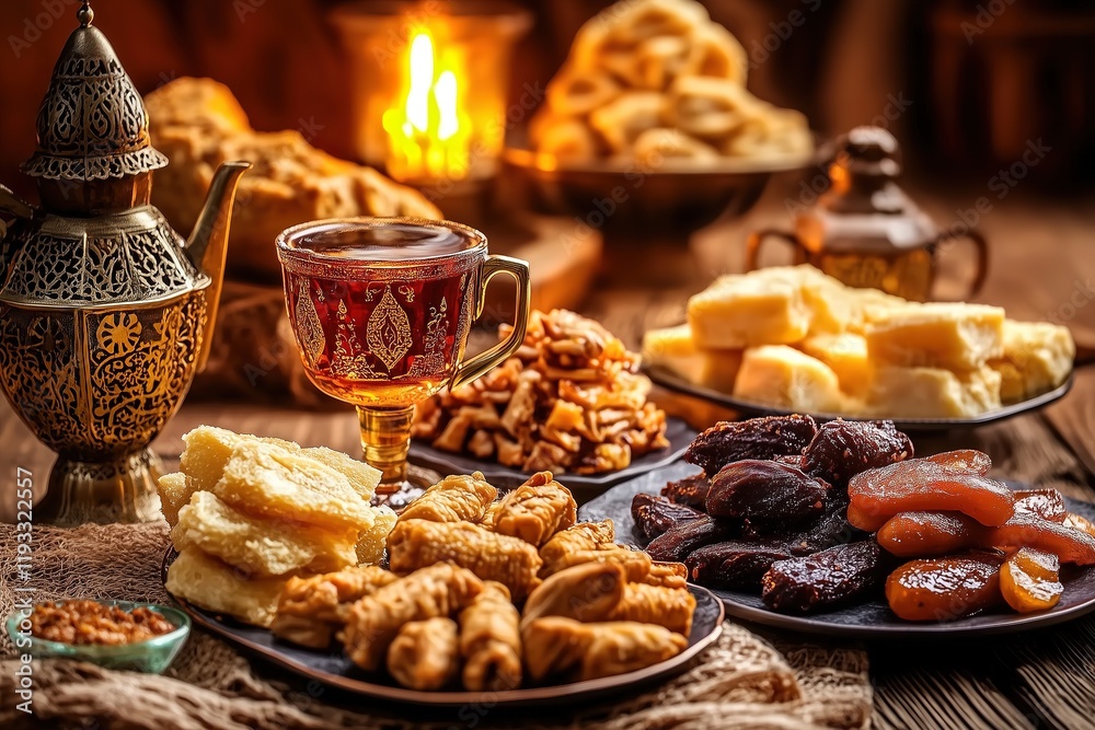 Assorted treats and tea adorned for Ramadan Kareem celebration, creating a warm, festive atmosphere. Assorted treats and tea adorned for Ramadan Kareem celebration, creating a warm, festive atmosphere.