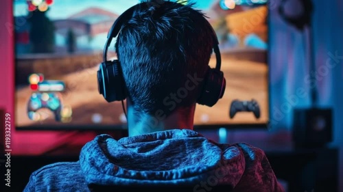 Rear view on a man playing video game