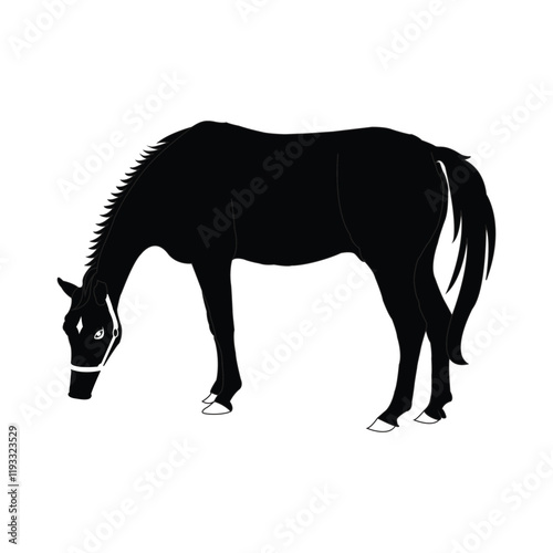 Silhouetted horse grazing, black and white. Symbol of Horse vector, Horse Icon, Horse Logo.
