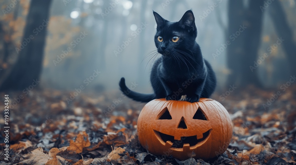 Naklejka premium Black Cat on Pumpkin in Spooky Forest with Autumn Leaves