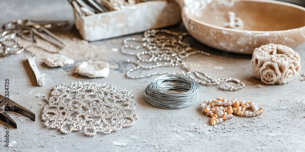 Crafting Workspace with Beads and Tools - A DIY Jewelry-Making Haven
