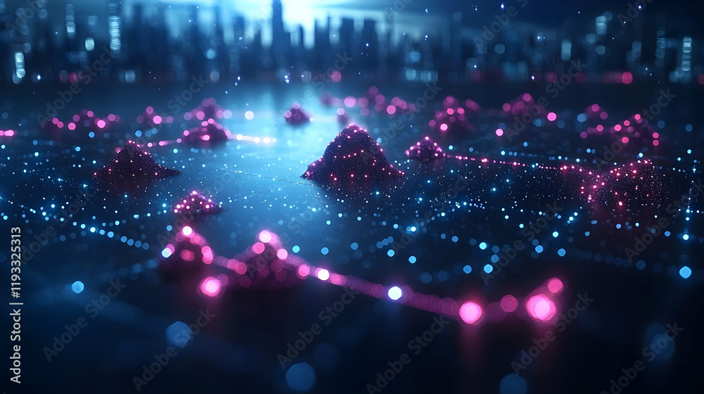Obraz premium Glowing Cityscape at Night: Abstract Digital Network of Particles and Connections