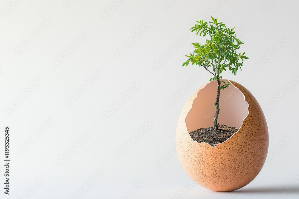 A sprouting tree emerges from a cracked eggshell, symbolizing new beginnings and growth. A sprouting tree emerges from a cracked eggshell, symbolizing new beginnings and growth.