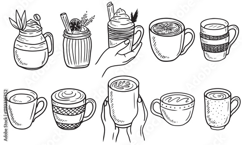 Set of mugs with hot drinks holding in hand. Hand drawn vector sketch illustration in doodle engraved vintage line art style. Cold weather warm drinks, tea, cocoa, coffee with cream, cocktail