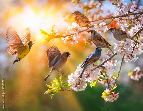 Generated image Flock of birds are singing happily on the branches of a tree with spring flower blossoms