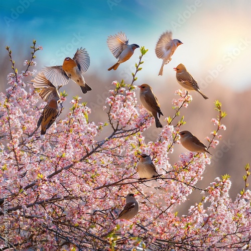 Generated image Flock of birds are singing happily on the branches of a tree with spring flower blossoms