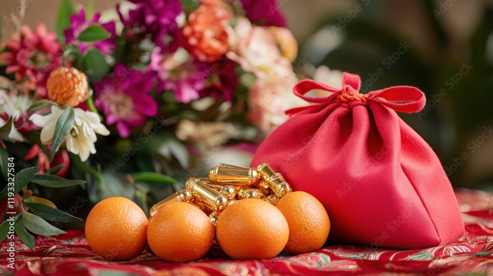 A table setting for Chinese New Year with a red felt fabric bag filled with gold ingots and oranges, surrounded by vibrant flowers A table setting for Chinese New Year with a red felt fabric bag filled with gold ingots and oranges, surrounded by vibrant flowers