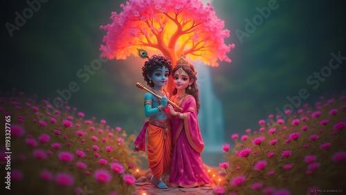 Divine Love of Radha Krishna love . Artwork of Lord Krishna ,divine couple ,spiritual, cultural ,Hindu mythology ,love and devotion ,harmony ,nature ,forest , photo