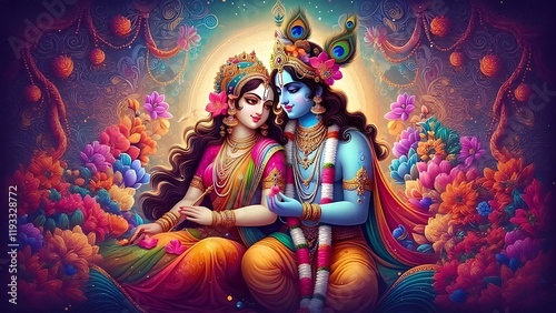 Divine Love of Radha Krishna love . Artwork of Lord Krishna ,divine couple ,spiritual, cultural ,Hindu mythology ,love and devotion ,harmony ,nature ,forest ,eternal ,Religious symbol of love .