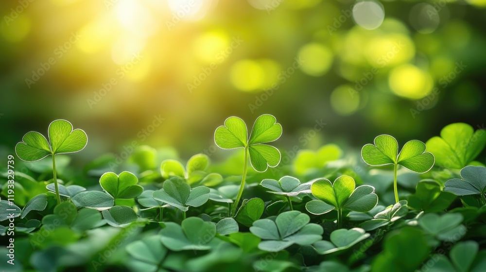 Lush green clover field in sunlight. Saint Patrick's Day, St Paddy's Day, St Patty's Day - Irish National Holiday and Cultural Celebration Lush green clover field in sunlight. Saint Patrick's Day, St Paddy's Day, St Patty's Day - Irish National Holiday and Cultural Celebration
