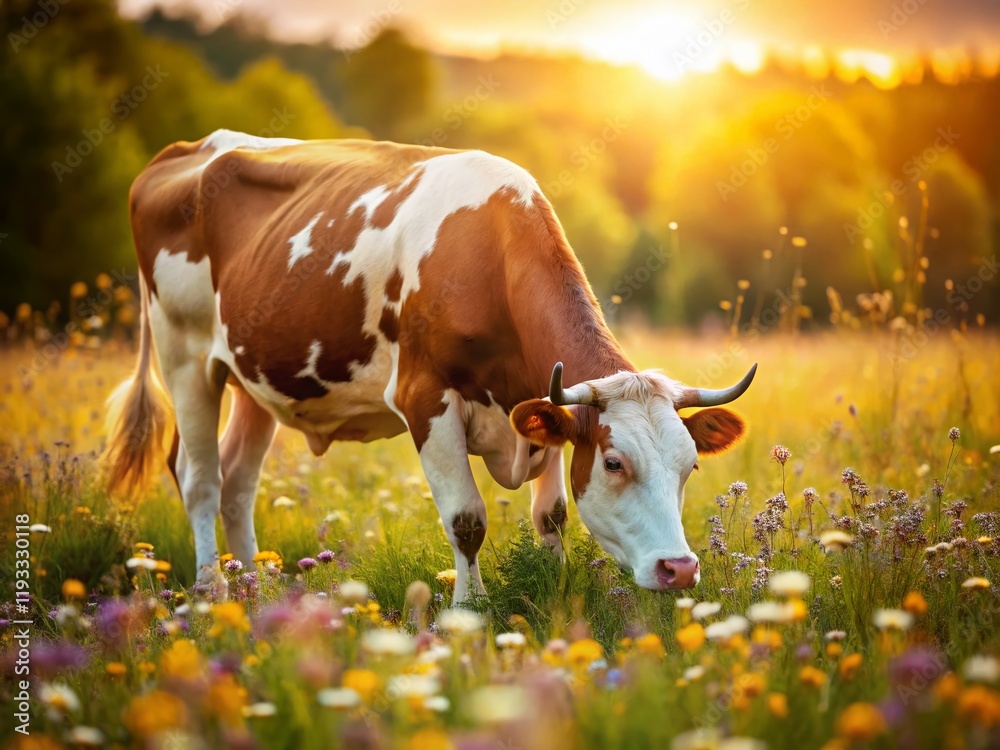Brown and White Cow in Flower Field, Bokeh Background - Rural Idyll Stock Photo Brown and White Cow in Flower Field, Bokeh Background - Rural Idyll Stock Photo