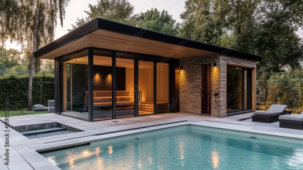 Fototapeta premium Modern outdoor sauna with a swimming pool
