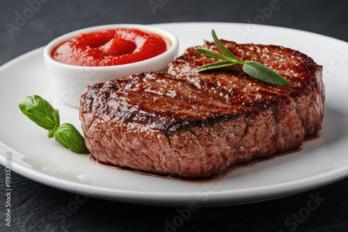 Juicy steak with a side of tomato sauce garnished with fresh herbs on a white plate.
