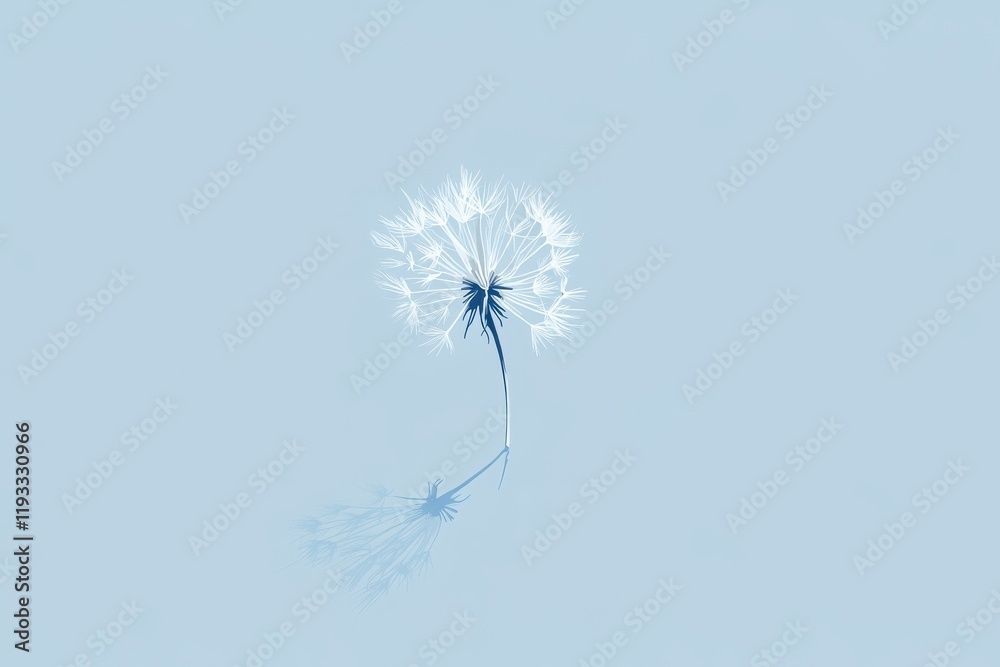 Obraz premium Single Dandelion Seed Head with Reflection on Blue Background
