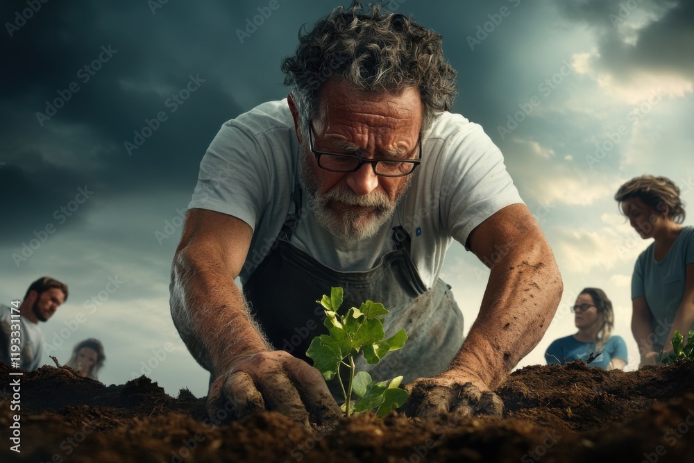 Fototapeta premium Middle aged man plants trees with volunteers in deforested area under overcast sky