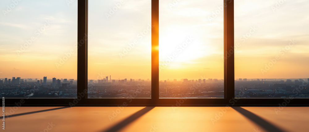 Fototapeta premium Stunning sunset view through large windows in a modern urban setting.