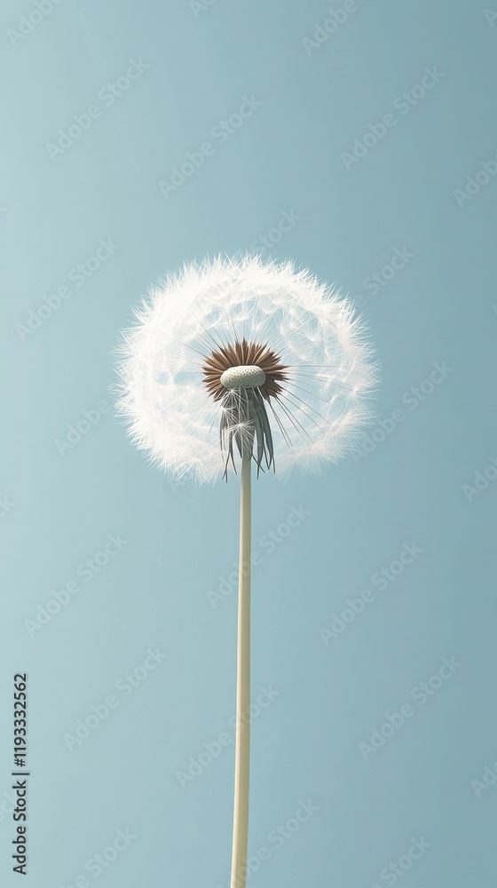 Fototapeta premium A Single Dandelion Seed Head Against A Pale Blue Sky