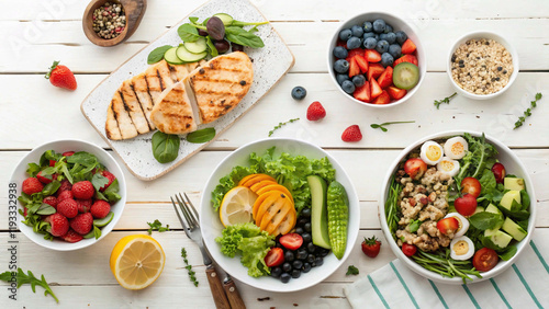 Assortment of healthy food dishes. Top view. Free space for your text,food, healthy, background, dish, top, indian, view, table, wooden