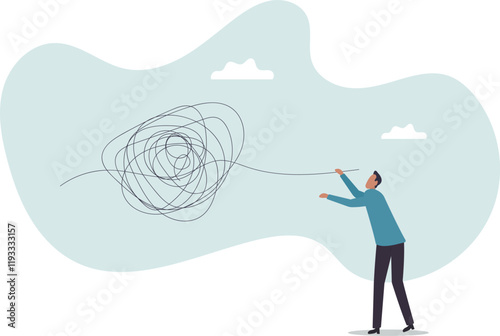 Unravel tangle problem, solving difficult knot chaos or messy issue, complicated or complex problem difficulty, confusion or business trouble.business concept.flat character.